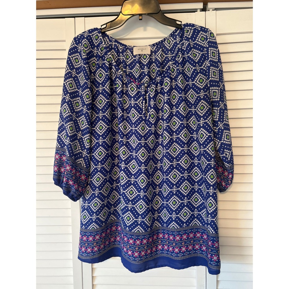EVERLY Womens Blue Geometric Print Boho Tunic Top Size M